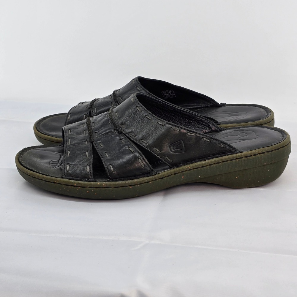 KEEN‎ CUSH Black Leather Whipstitch Slide Sandals Womens 11 5485-BLCK Olive Sole